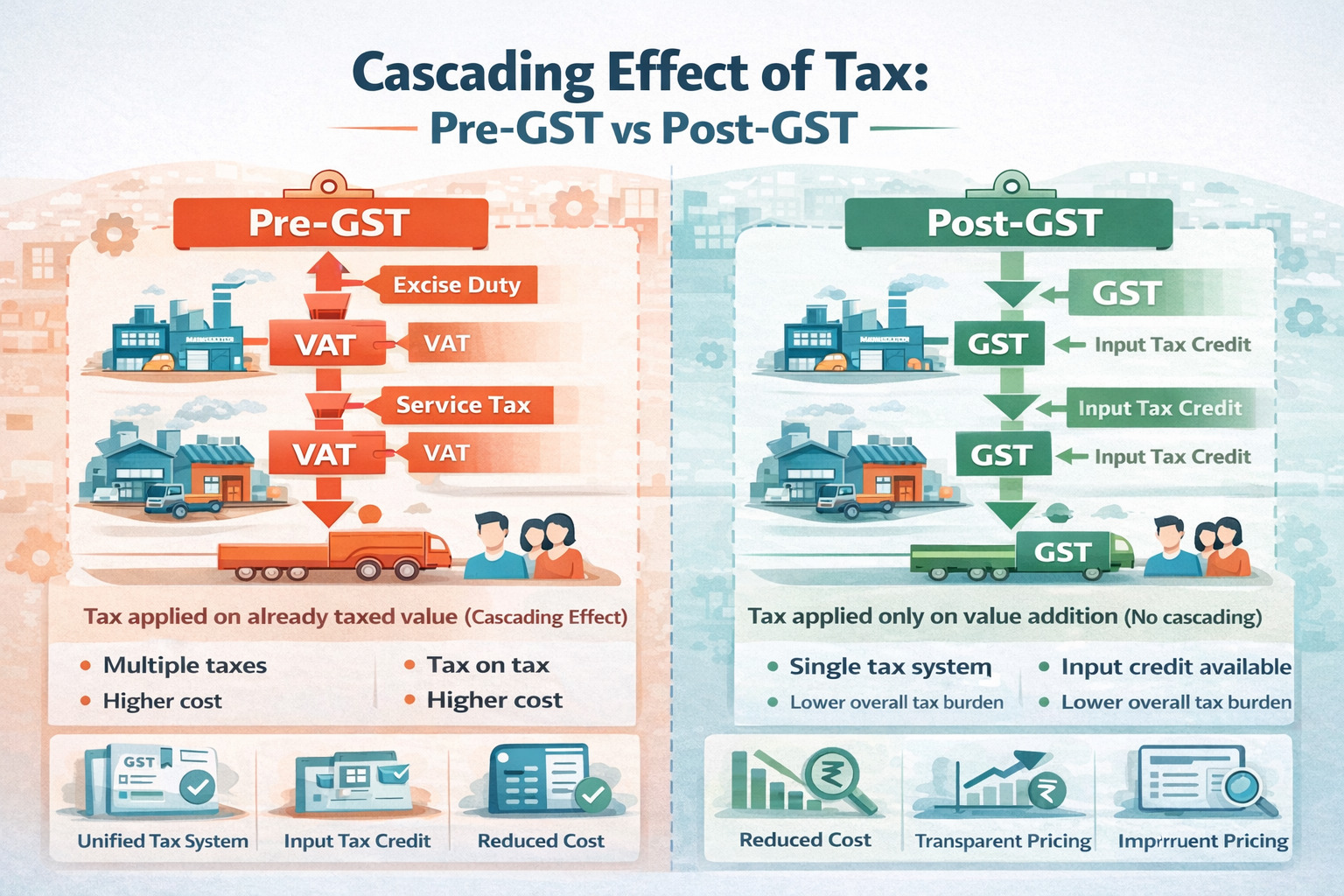 Cascading effect of tax, pre-GST and post-GST tax system in India