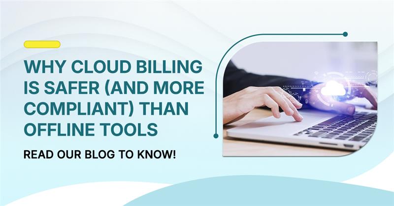 Hands typing on a laptop with a digital cloud icon overlay, representing secure and compliant cloud billing solutions compared to offline tools.