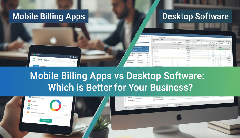 A split image contrasting a mobile billing app on a tablet with desktop billing software on a computer, with the title "Mobile Billing Apps vs Desktop Software: Which is Better for Your Business?